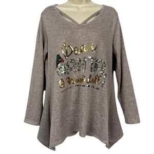 Christmas Sweater Womens Medium Marled Pink Sequin Glam Bling Santa Party Flowy